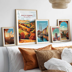South Downs National Park Travel Print featured among other travel prints in a cozy home setting.