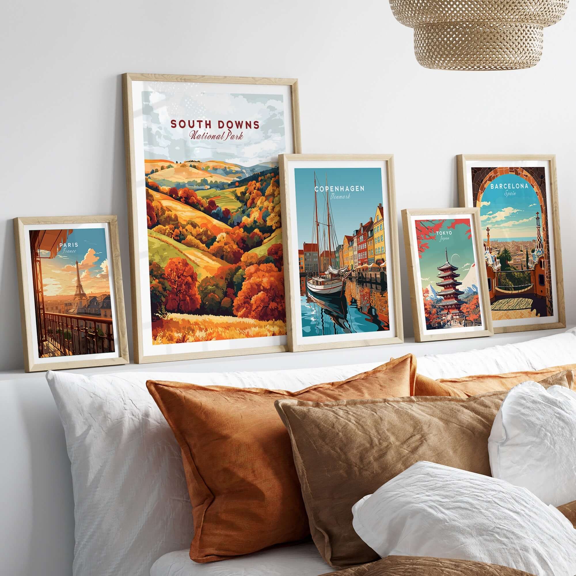 South Downs National Park Travel Print featured among other travel prints in a cozy home setting.