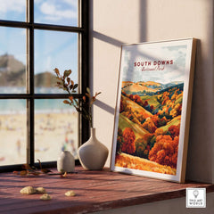 South Downs National Park Travel Print in a stylish frame, showcasing vibrant autumn colors and scenic landscape.