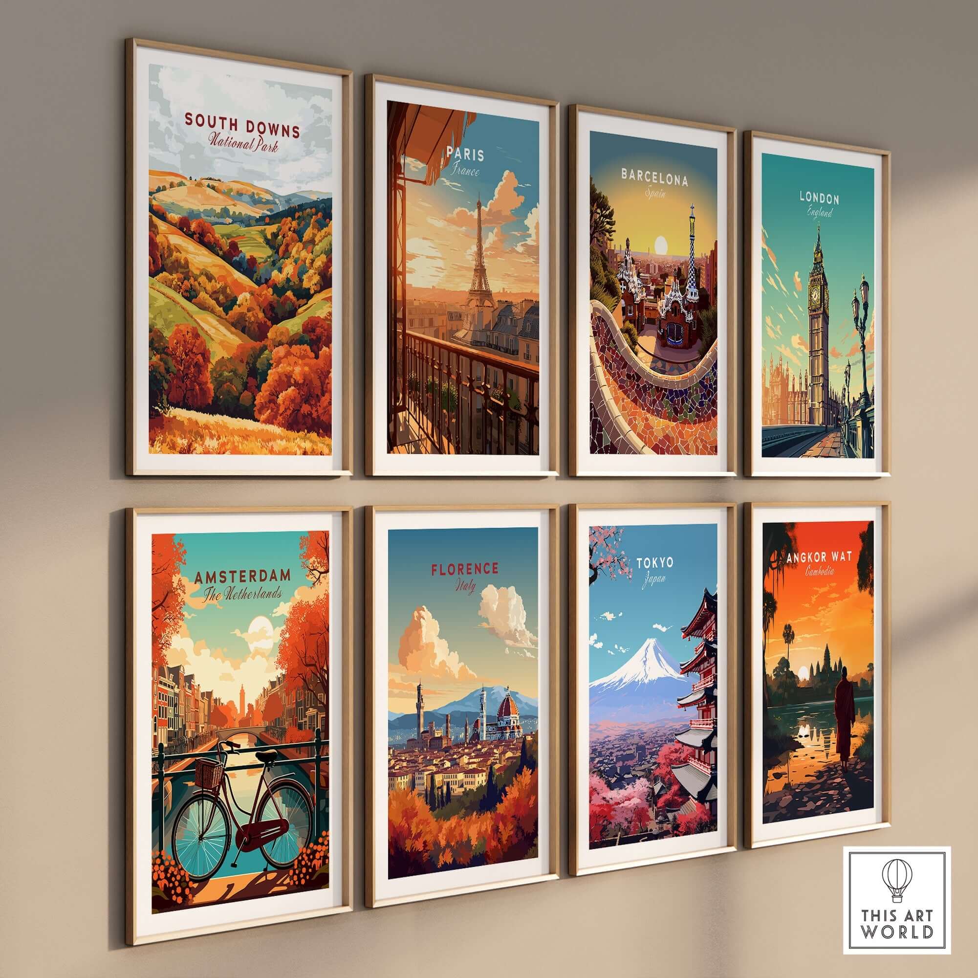 South Downs National Park Travel Print and various travel prints on a wall showcasing vibrant cityscapes.