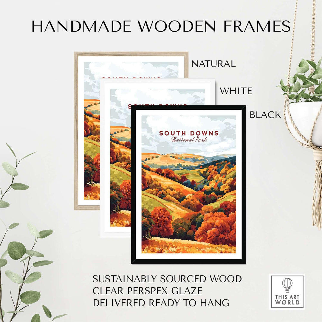 Handmade wooden frames in natural, white, and black styles for South Downs National Park travel print, ready to hang.