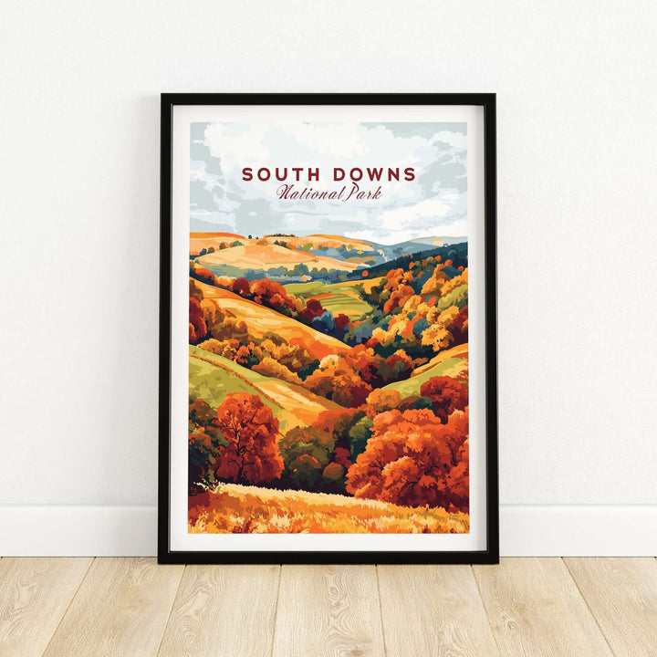 South Downs National Park travel print showcasing vibrant autumn landscape with rolling hills and rich foliage.