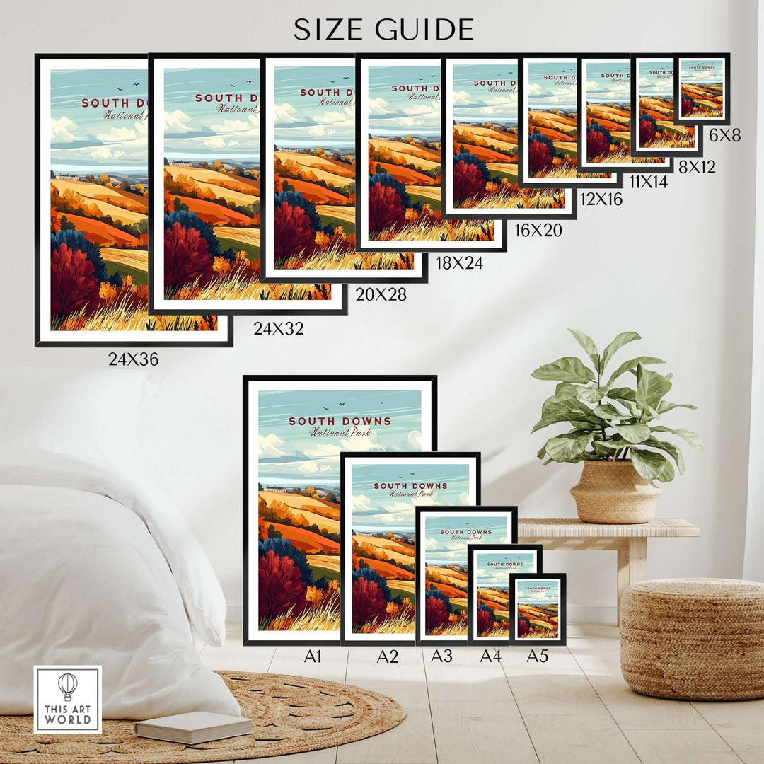 South Downs National Park wall art size guide with various frame dimensions showcased in a cozy interior setting.