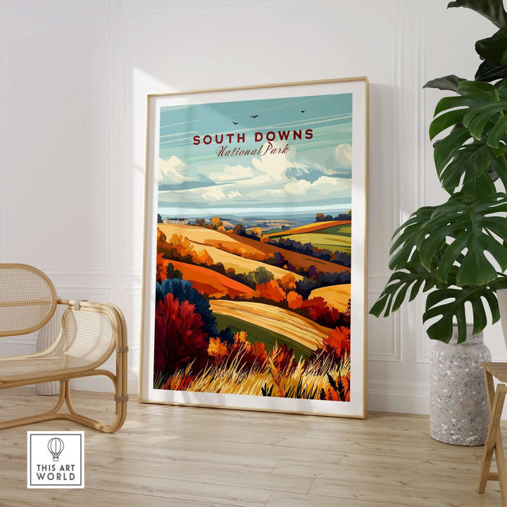 South Downs National Park wall art showcasing vibrant rolling hills and autumn colors in a stylish interior setting.