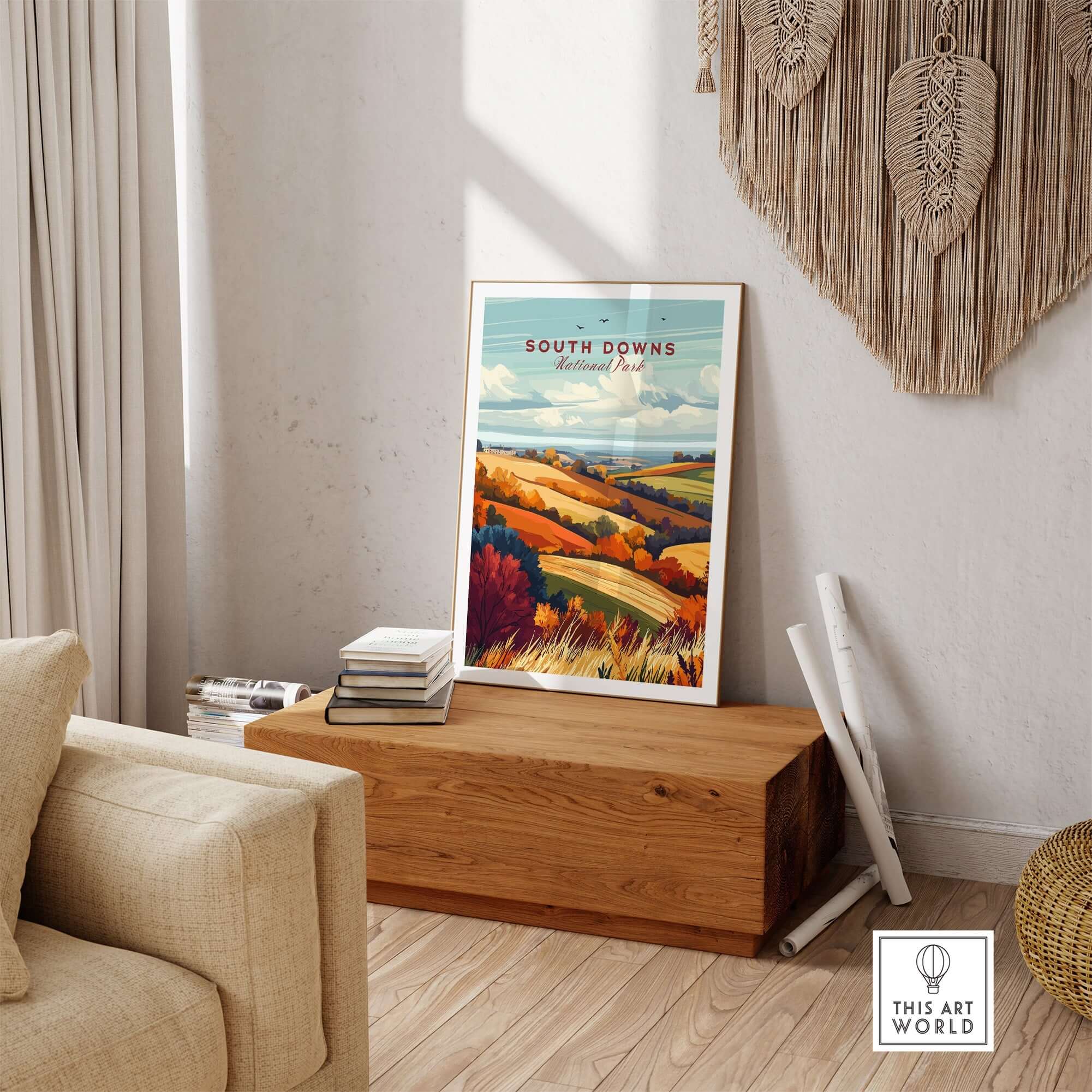 South Downs National Park Wall Art displayed in a cozy living room with wooden decor.