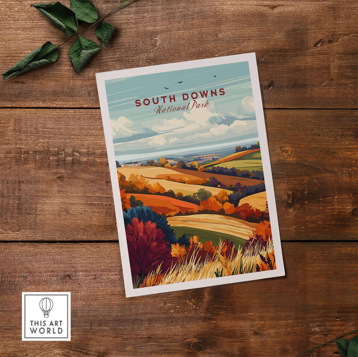 South Downs National Park wall art featuring vibrant rolling hills and colorful landscapes on a wooden background.