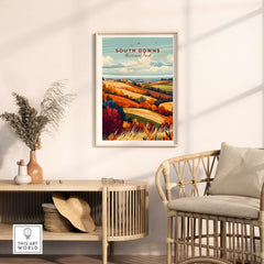 South Downs National Park Wall Art displayed in a stylish living room setting with vibrant colors and hills.
