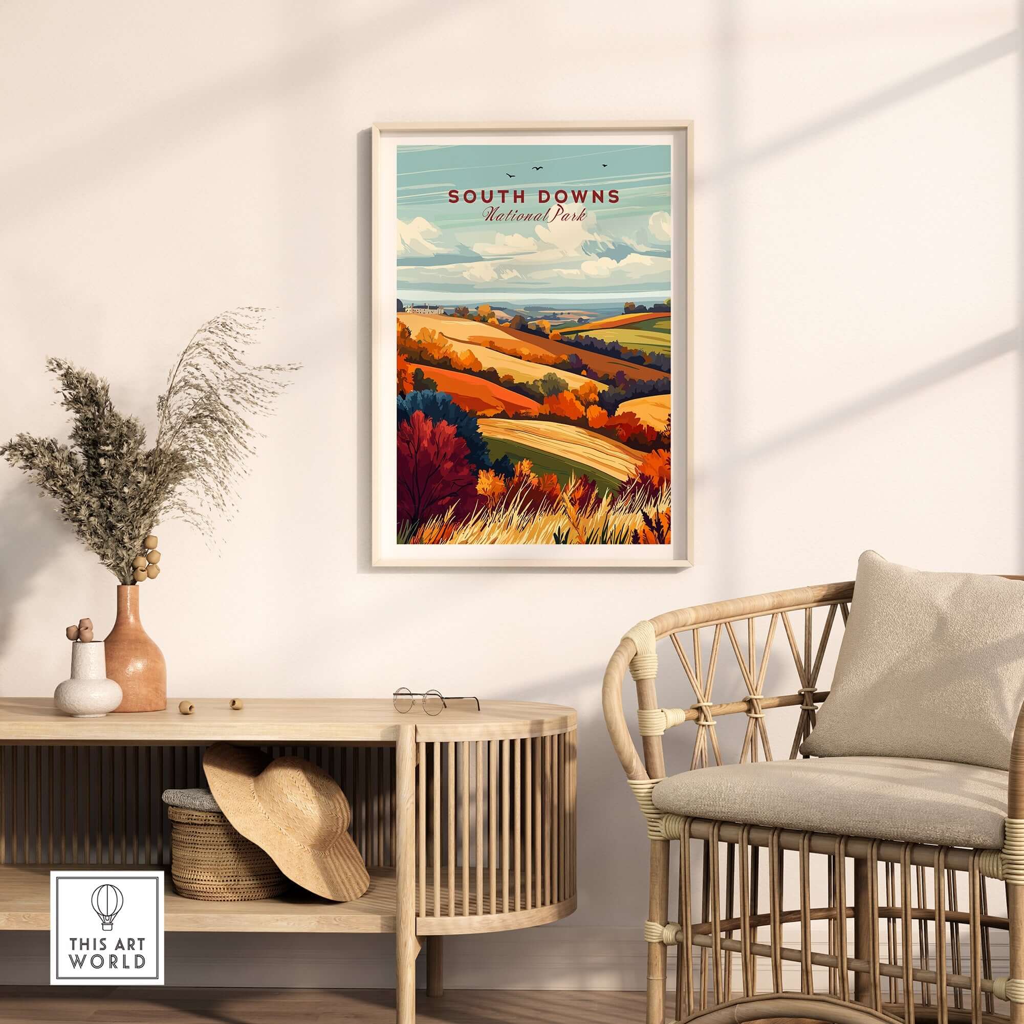 South Downs National Park Wall Art displayed in a stylish living room setting with vibrant colors and hills.