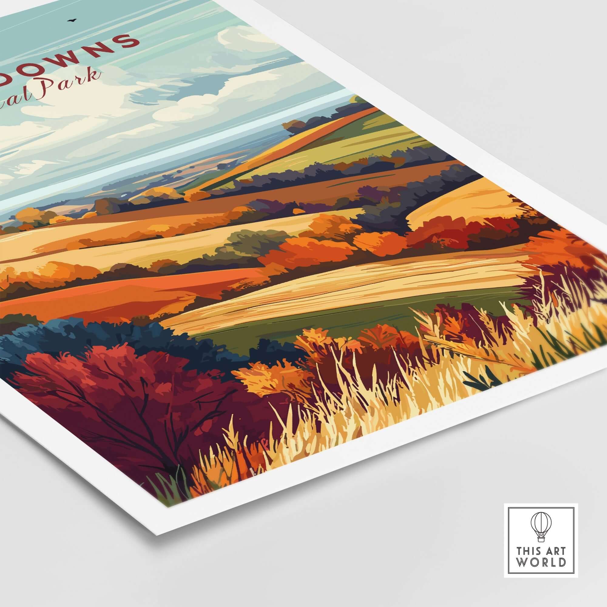South Downs National Park Wall Art featuring vibrant colors and scenic rolling hills of South Downs National Park.