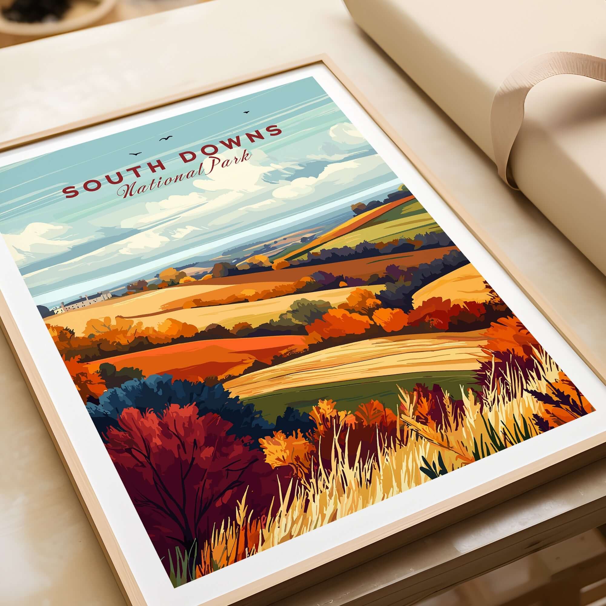 South Downs National Park Wall Art featuring vibrant autumn colors and rolling hills in a beautiful frame.