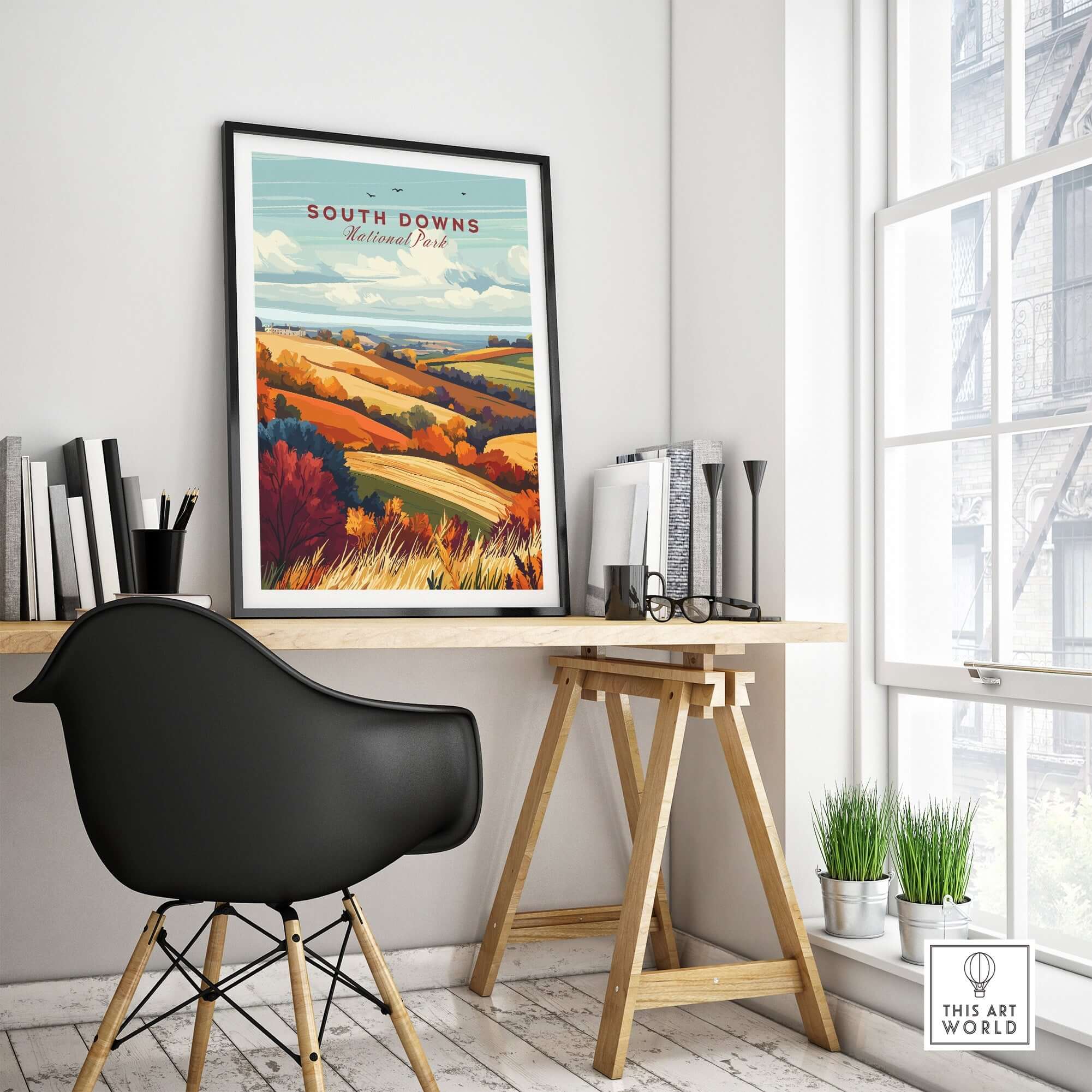 South Downs National Park Wall Art displayed in a modern interior, showcasing vibrant landscapes and colors.