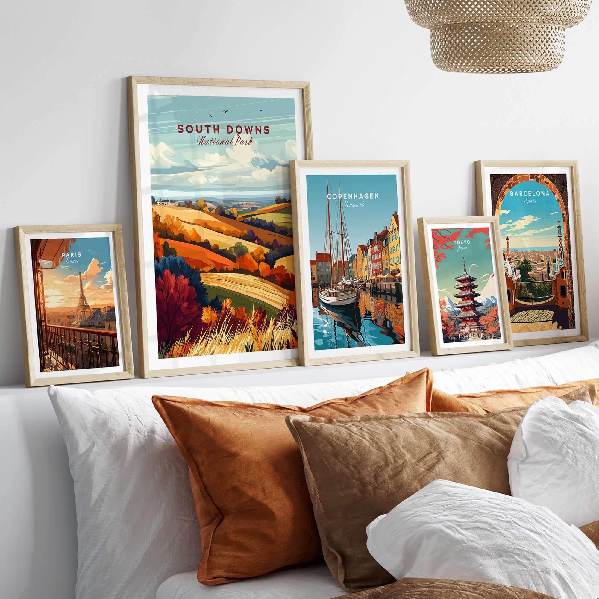 South Downs National Park Wall Art displayed alongside other vibrant travel posters in a cozy home setting.
