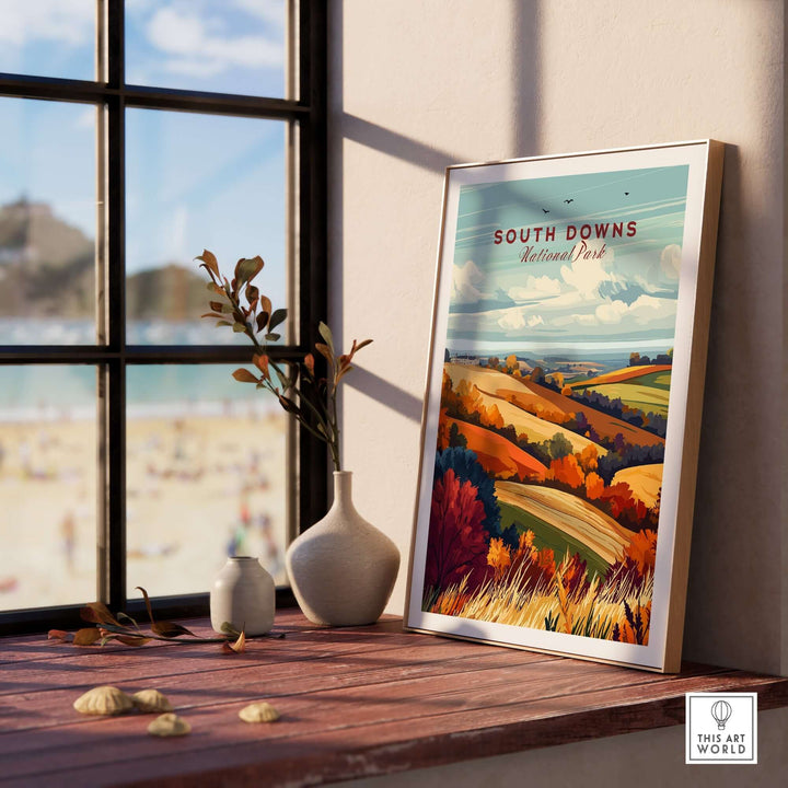 South Downs National Park wall art displayed on a windowsill, showcasing vibrant rolling hills and scenic colors.