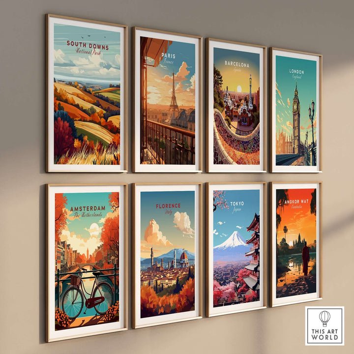 Gallery of travel-inspired wall art featuring South Downs, Paris, Barcelona, London, Amsterdam, Florence, Tokyo, and Angkor Wat.