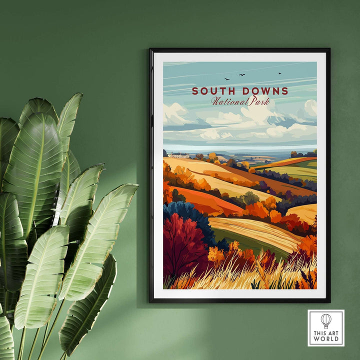 South Downs National Park wall art featuring vibrant rolling hills and colorful landscapes, framed and displayed against a green wall.