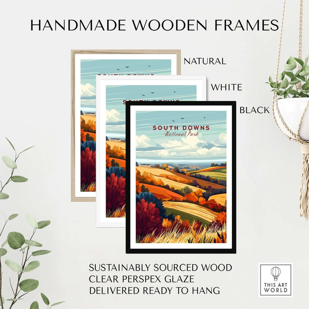 South Downs National Park wall art displayed in handmade wooden frames in natural, white, and black options.