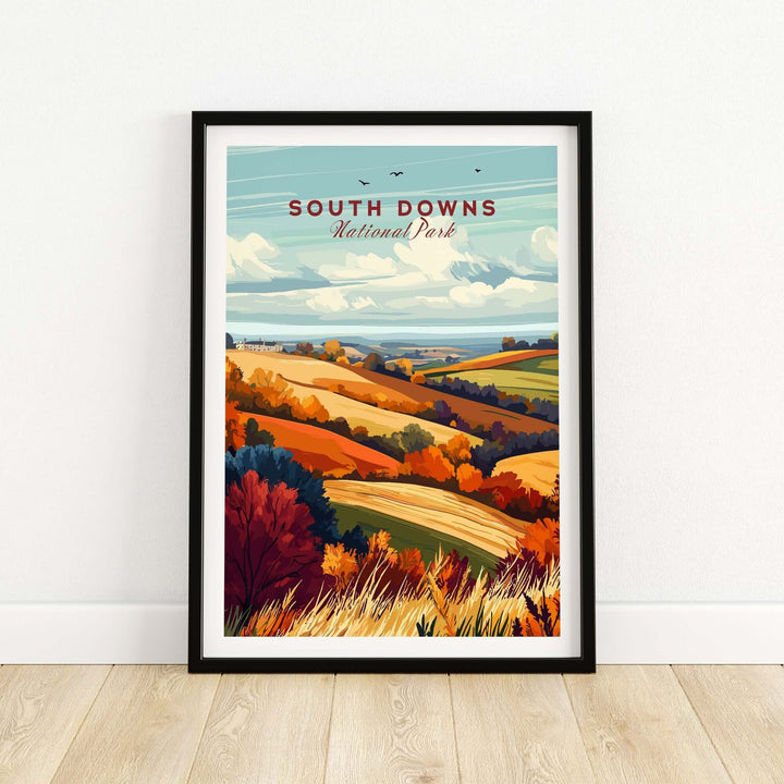 South Downs National Park wall art featuring vibrant rolling hills and stunning landscapes in a framed design.