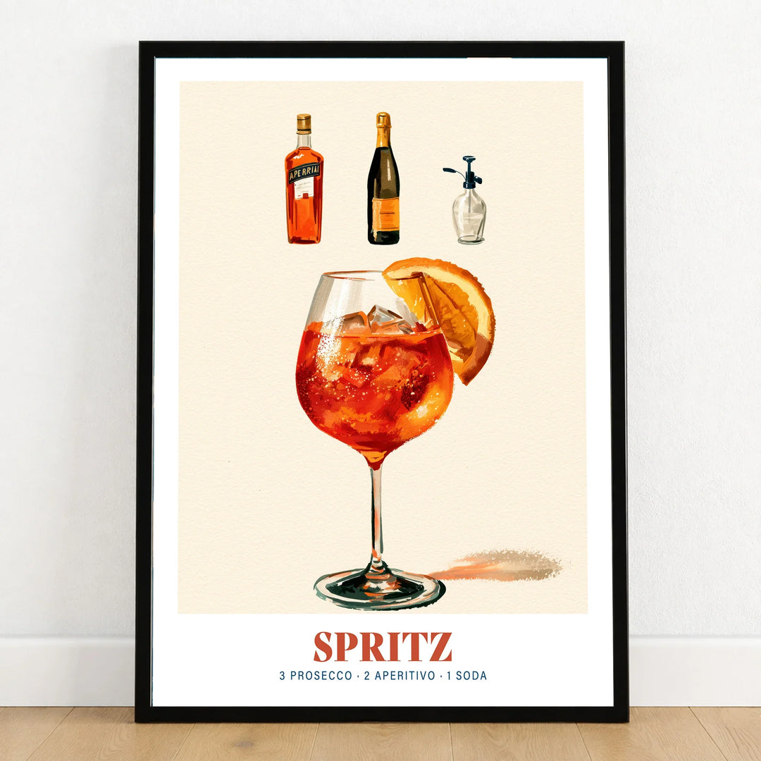 Italian Spritz Cocktail Recipe Poster - art print in black frame on wooden floor