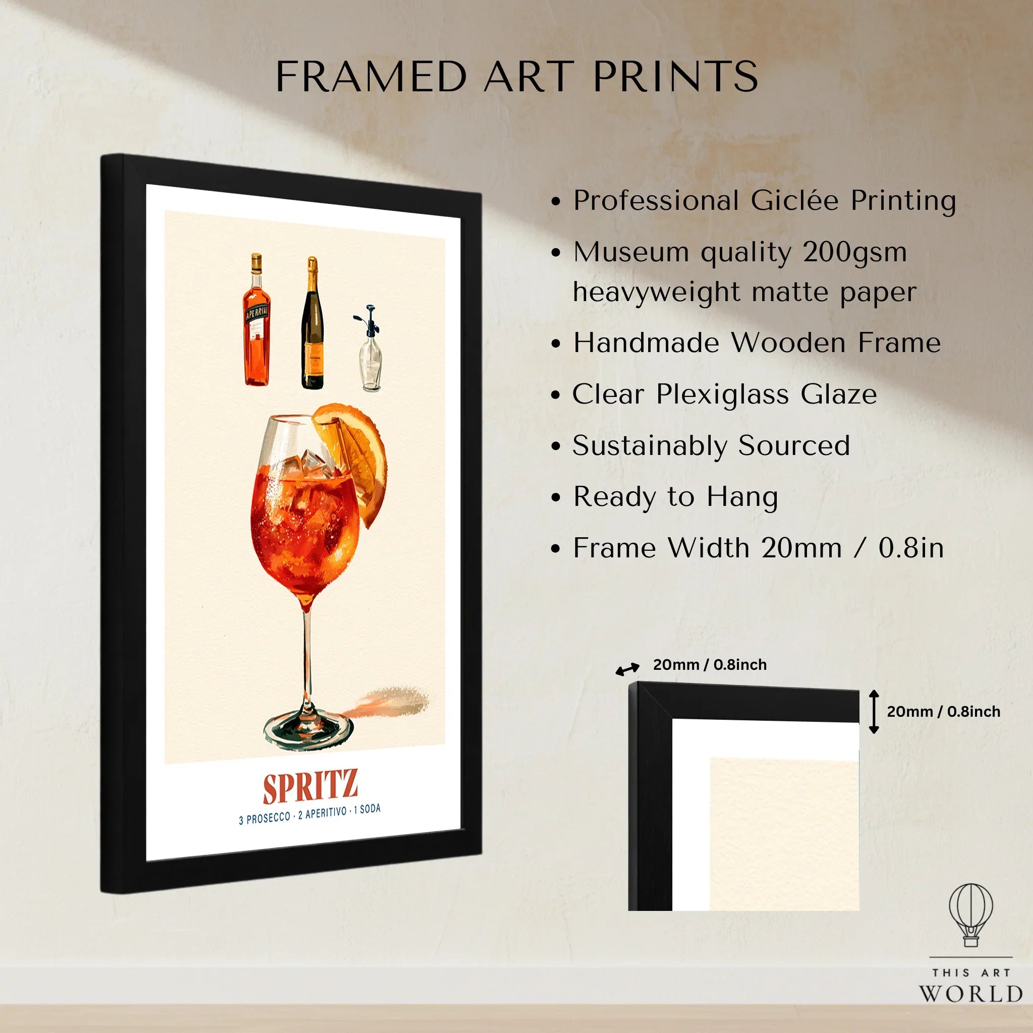 Italian Spritz Cocktail Recipe Poster - framed print details measurements quality details