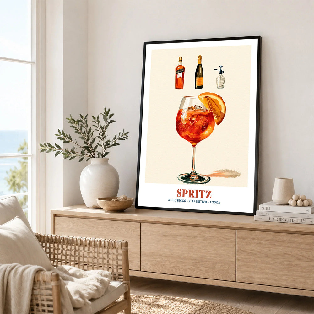 Italian Spritz Cocktail Recipe Poster - framed artwork living room lifestyle setting