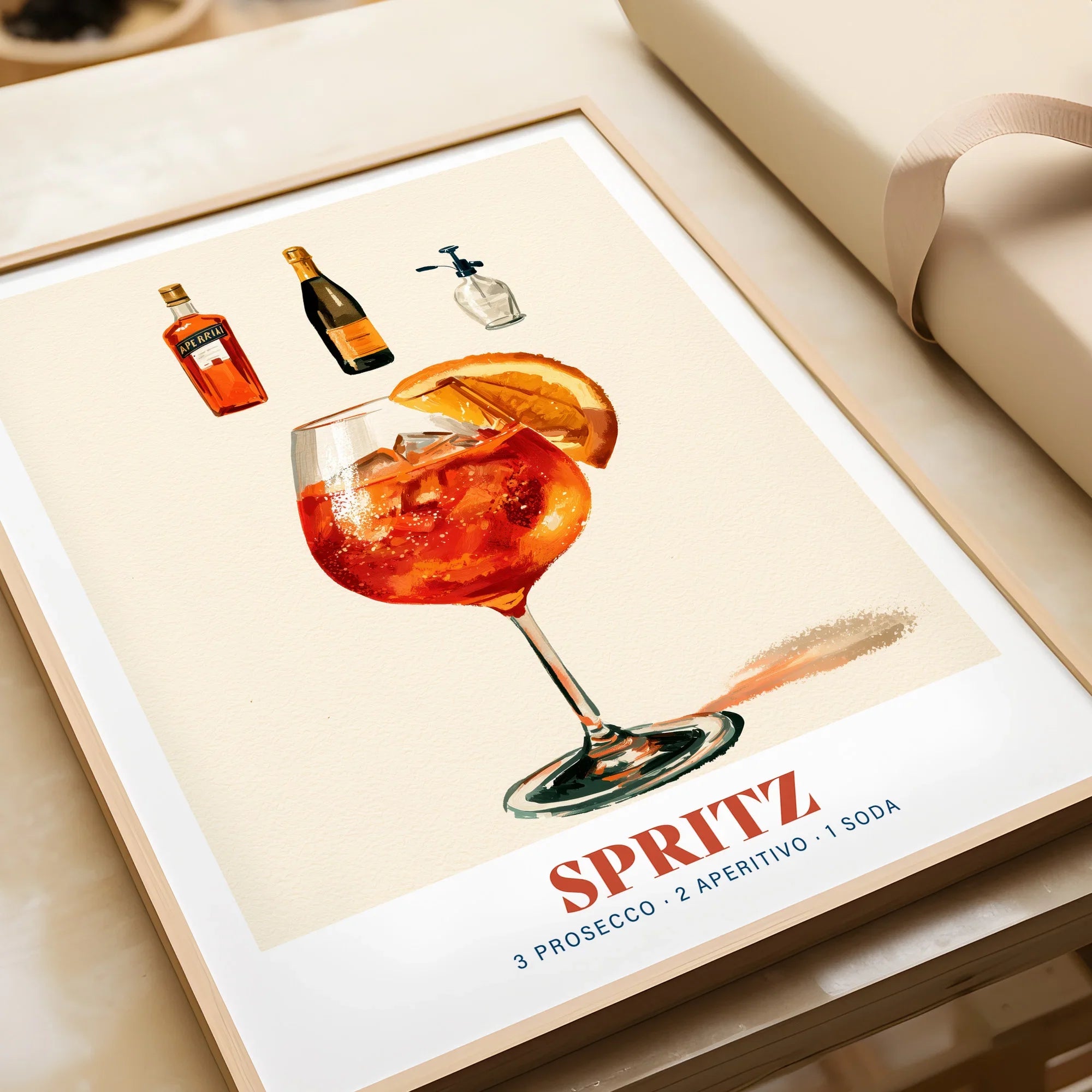 Italian Spritz Cocktail Recipe Poster - framed art print closeup gift unwrapped natural frame