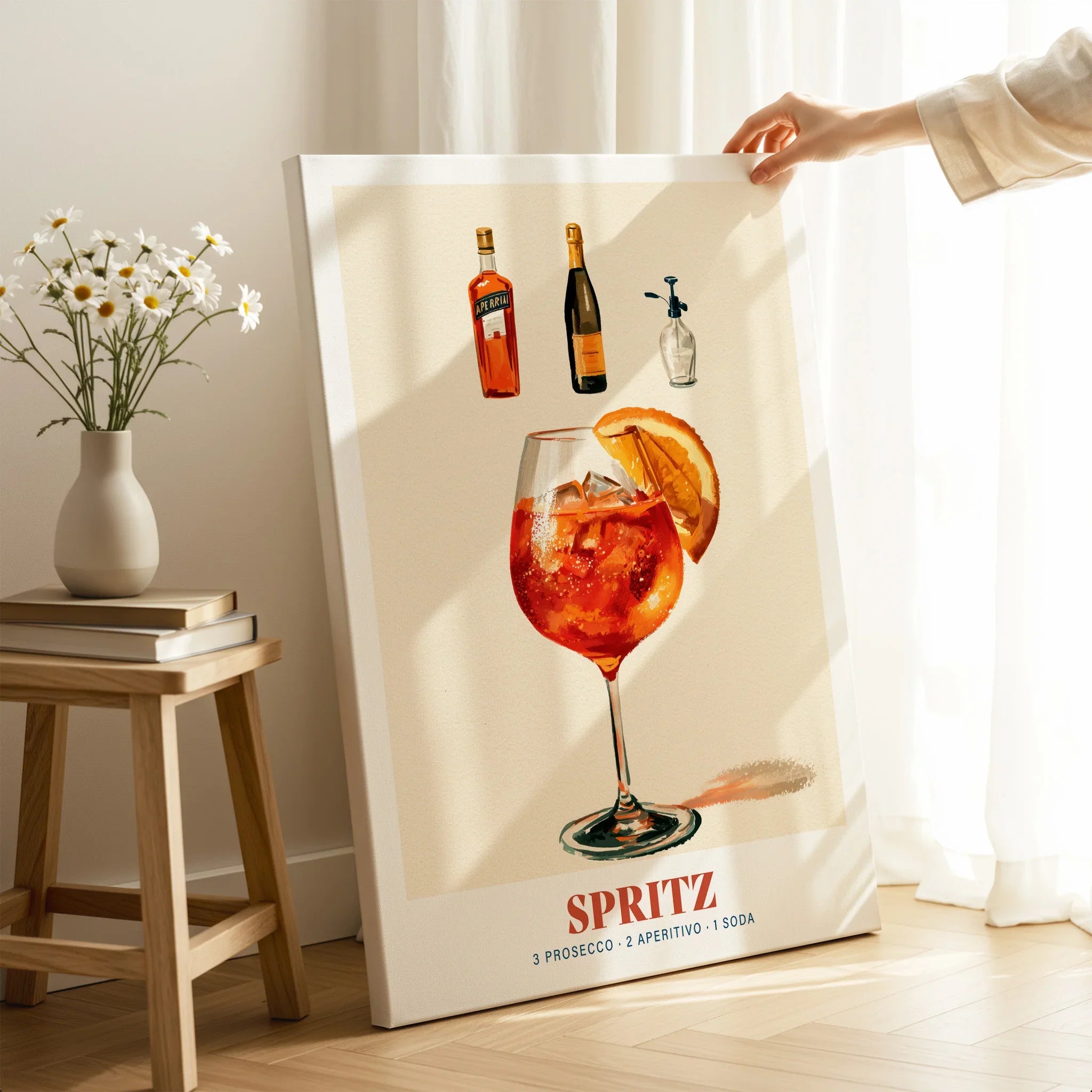 Italian Spritz Cocktail Recipe Poster - canvas print mirror edge hand holding room setting
