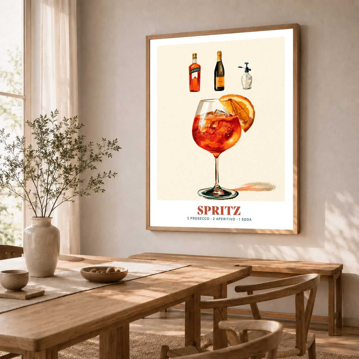 Italian Spritz Cocktail Recipe Poster - dining room framed print natural wood frame mockup ThisArtWorld