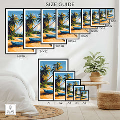 Sri Lanka Beach Scene Art - Tropical Island Print, Palm Tree Wall Decor size guide showcasing various frame sizes.