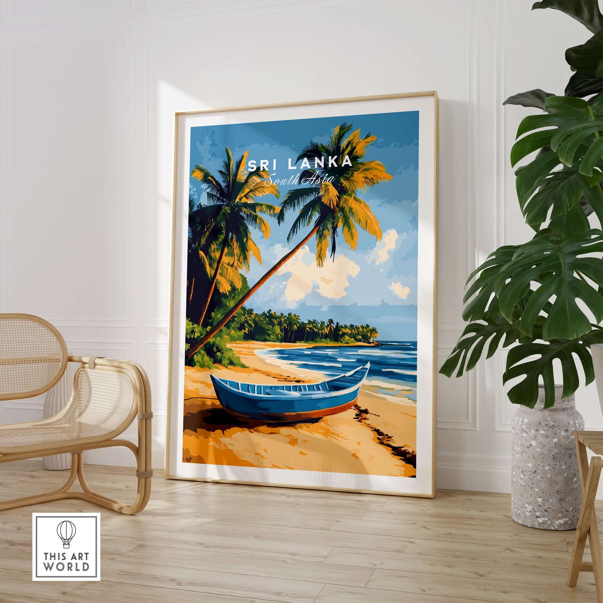 Sri Lanka Beach Scene Art - Tropical Island Print, Palm Tree Wall Decor featuring vibrant beach and palm trees.