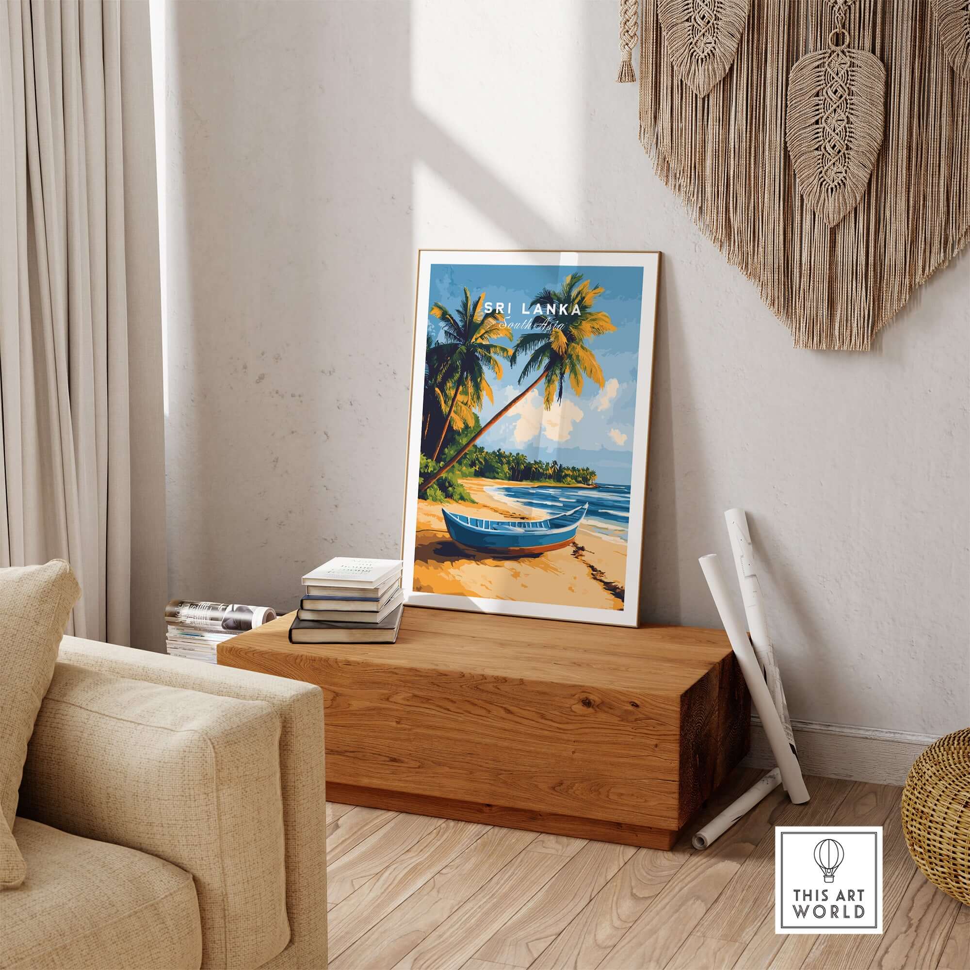 Sri Lanka Beach Scene Art - Tropical Island Print, Palm Tree Wall Decor displayed in a stylish home setting.