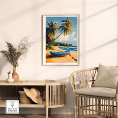 Sri Lanka Beach Scene Art - Tropical Island Print, Palm Tree Wall Decor in a stylish home setting with a cozy chair.