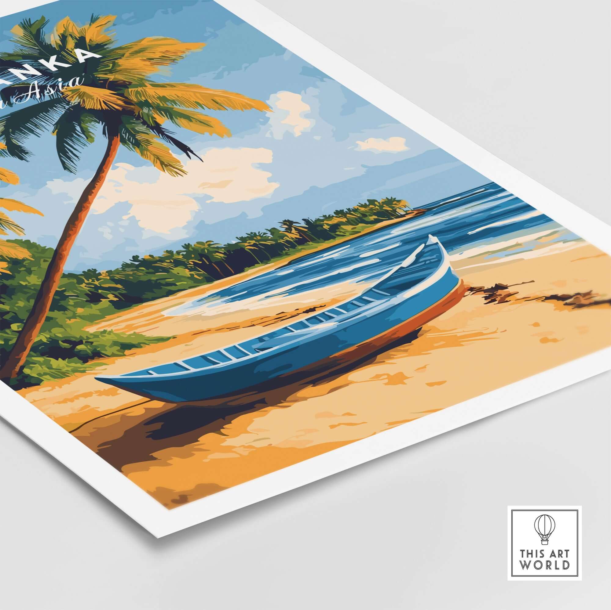 Sri Lanka Beach Scene Art - Tropical Island Print, Palm Tree Wall Decor featuring a blue boat on sandy beach with palm trees.