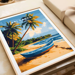 Sri Lanka Beach Scene Art - Tropical Island Print, Palm Tree Wall Decor depicting a vibrant beach with palm trees and a boat.