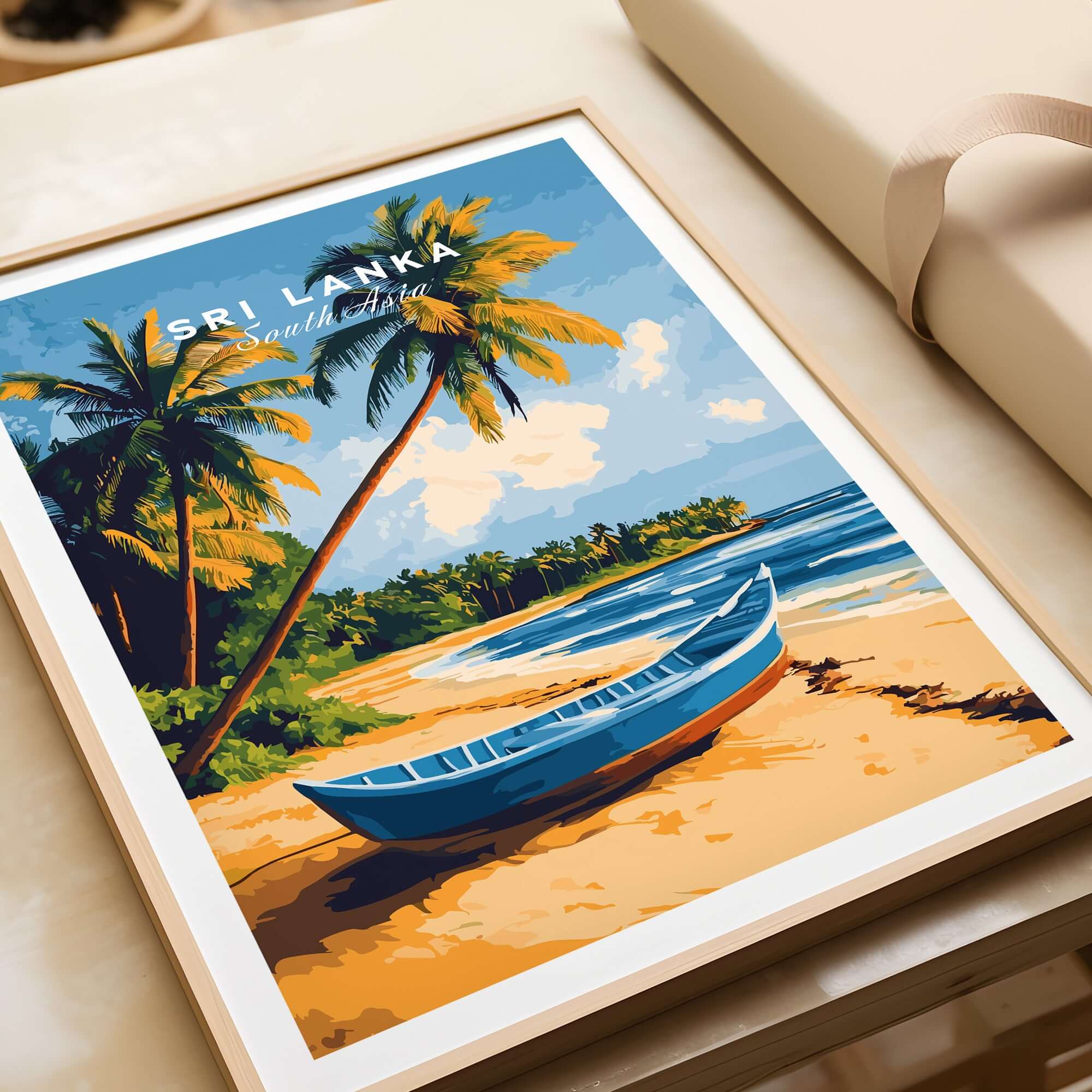 Sri Lanka Beach Scene Art - Tropical Island Print, Palm Tree Wall Decor depicting a vibrant beach with palm trees and a boat.