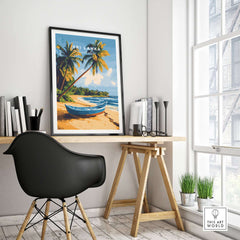 Sri Lanka Beach Scene Art - Tropical Island Print, Palm Tree Wall Decor displayed in a modern home office setting.