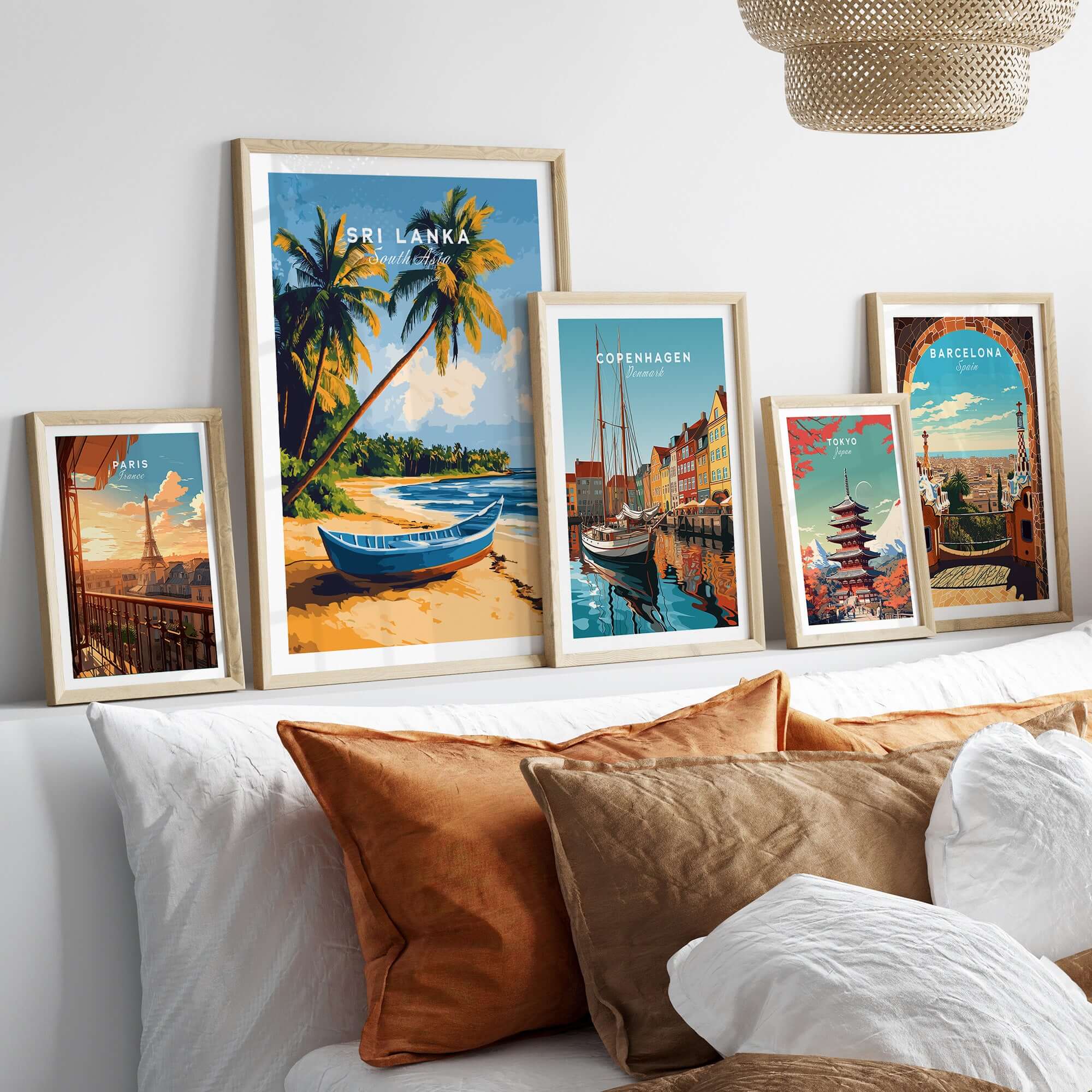 Sri Lanka Beach Scene Art - Tropical Island Print, Palm Tree Wall Decor displayed in a cozy living room setting.