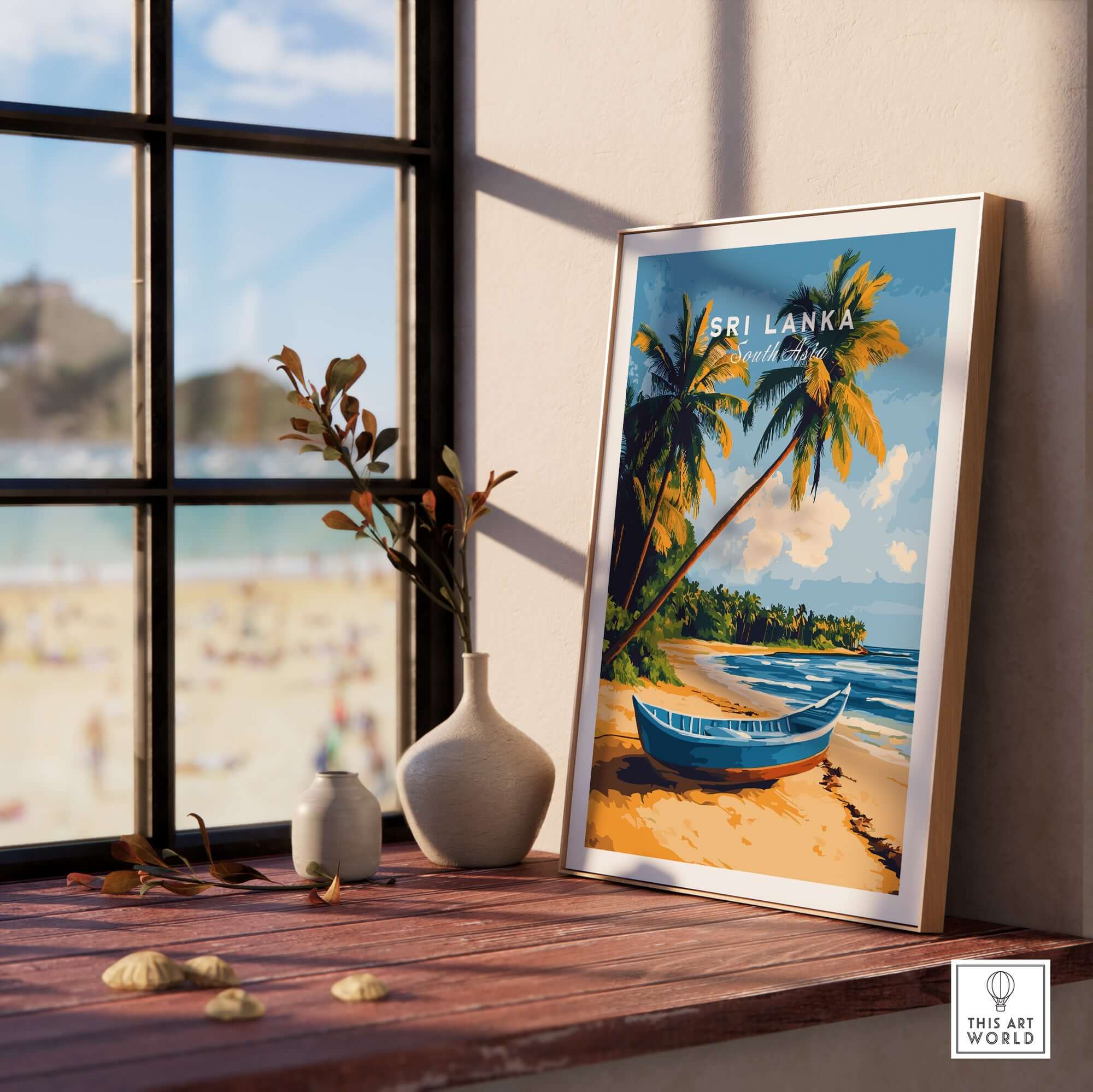 Sri Lanka Beach Scene Art - Tropical Island Print, Palm Tree Wall Decor displayed in a sunlit interior with beach view.