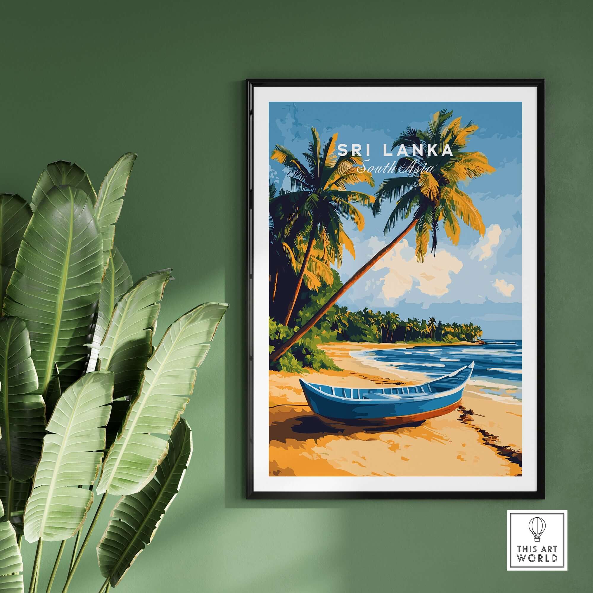 Sri Lanka Beach Scene Art - Tropical Island Print, Palm Tree Wall Decor featuring vibrant beach, palm trees, and classic island boat.