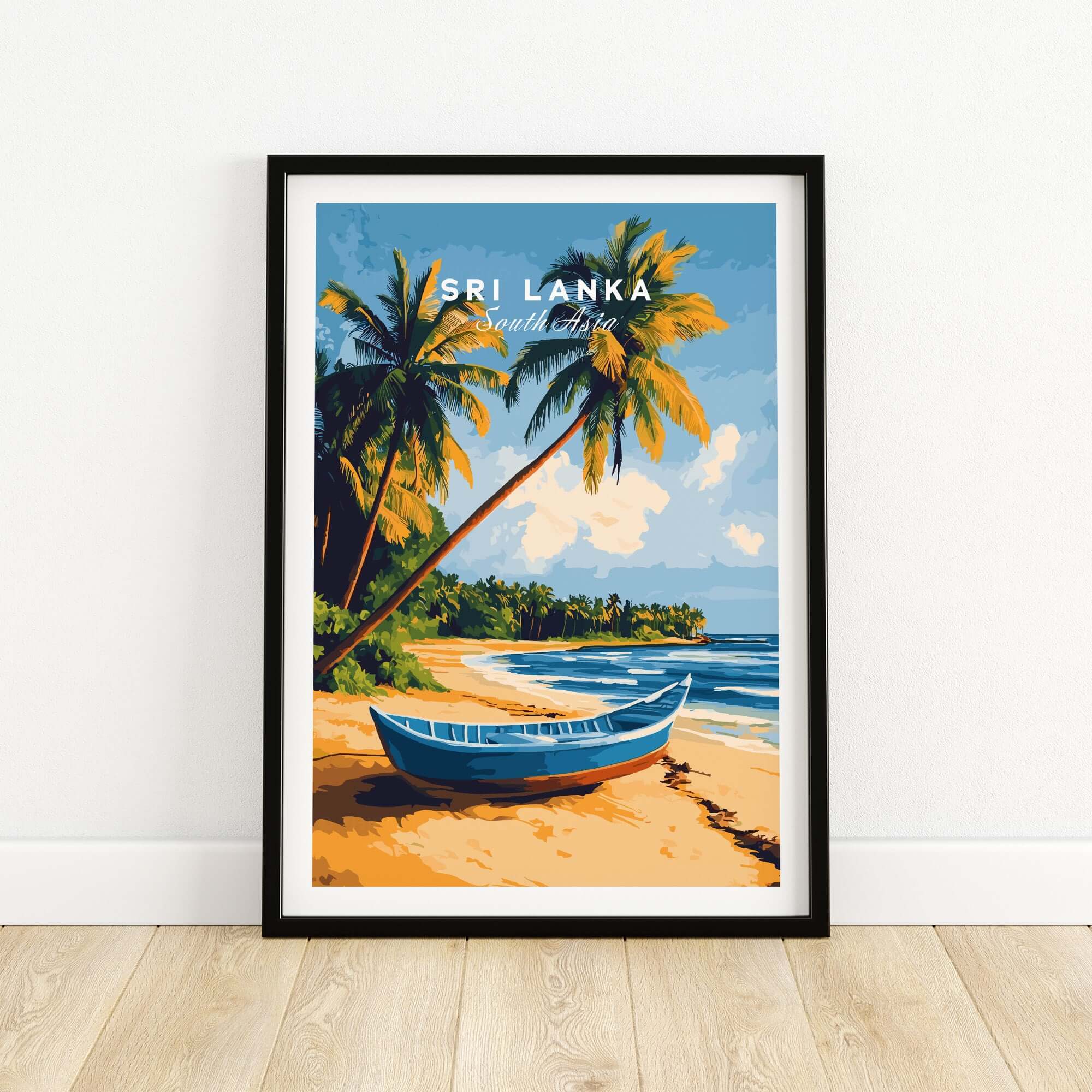 Sri Lanka Beach Scene Art - Tropical Island Print, Palm Tree Wall Decor featuring a vibrant beach with palm trees and a boat.