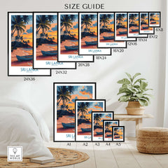 Sri Lanka Boat Print - Island Getaway Wall Art, Tropical Beach Decor size guide featuring various frame sizes.