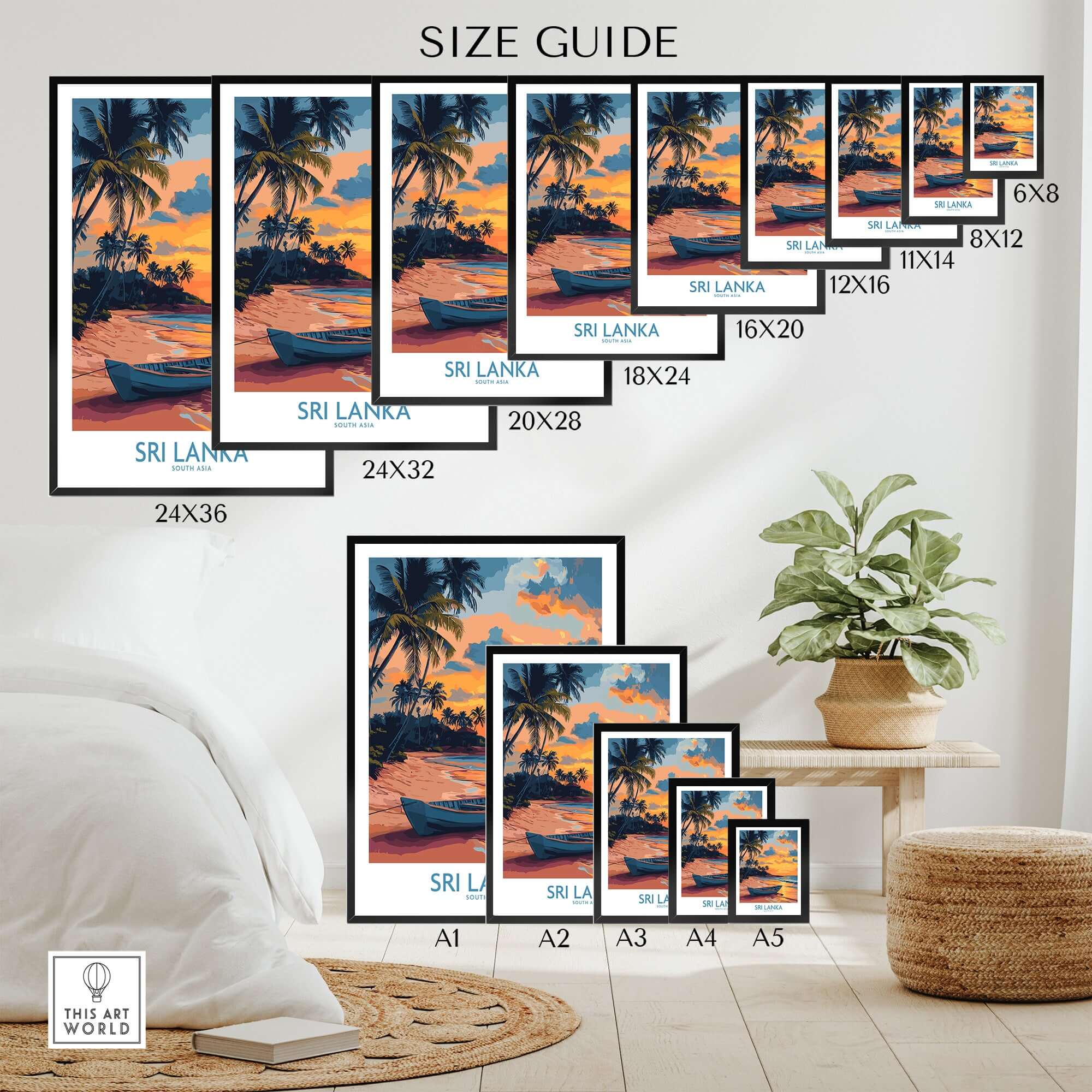 Sri Lanka Boat Print - Island Getaway Wall Art, Tropical Beach Decor size guide featuring various frame sizes.