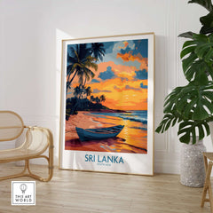 Sri Lanka Boat Print - Island Getaway Wall Art, Tropical Beach Decor displayed in a modern living space.