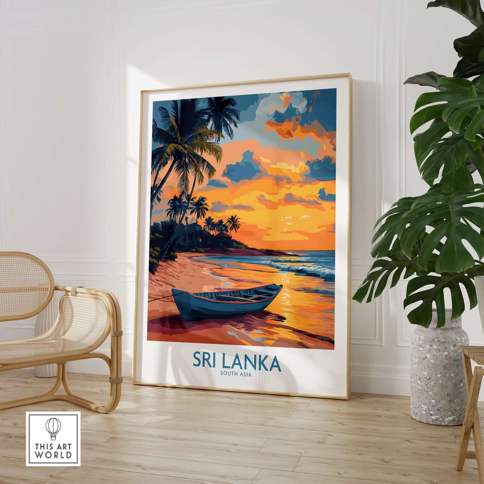 Sri Lanka Boat Print - Island Getaway Wall Art, Tropical Beach Decor displayed in a modern living space.