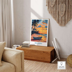 Sri Lanka Boat Print - Island Getaway Wall Art, Tropical Beach Decor displayed in a cozy interior setting.