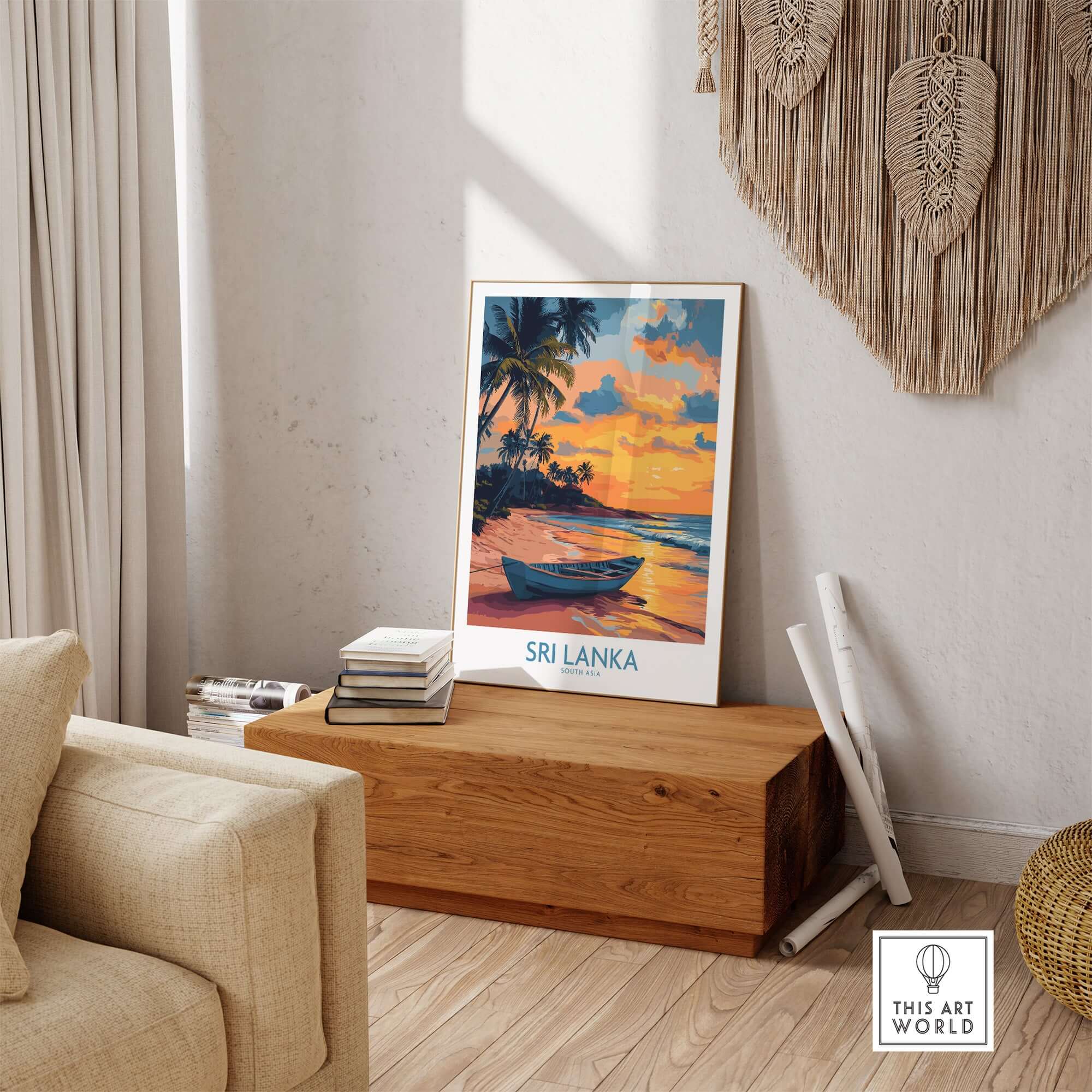 Sri Lanka Boat Print - Island Getaway Wall Art, Tropical Beach Decor displayed in a cozy interior setting.