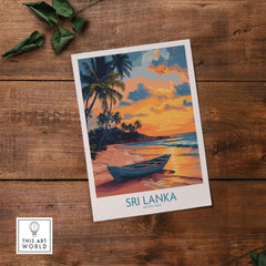 Sri Lanka Boat Print - Island Getaway Wall Art, Tropical Beach Decor showcasing a beach scene with vibrant colors.