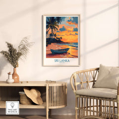 Sri Lanka Boat Print - Island Getaway Wall Art, Tropical Beach Decor showcasing a serene beach scene with a boat.