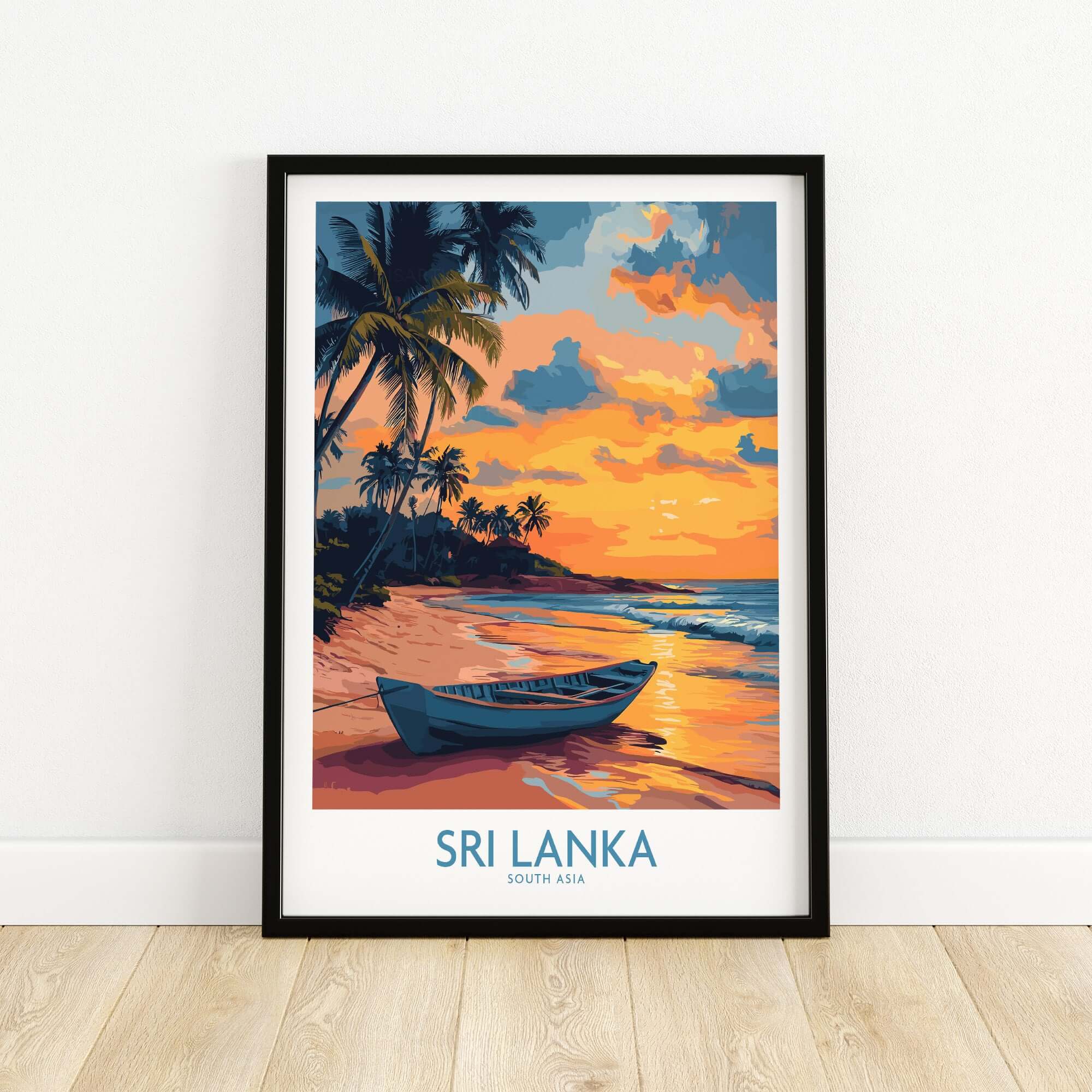 Sri Lanka Boat Print - Island Getaway Wall Art, Tropical Beach Decor showcasing a serene beach sunset and boat.
