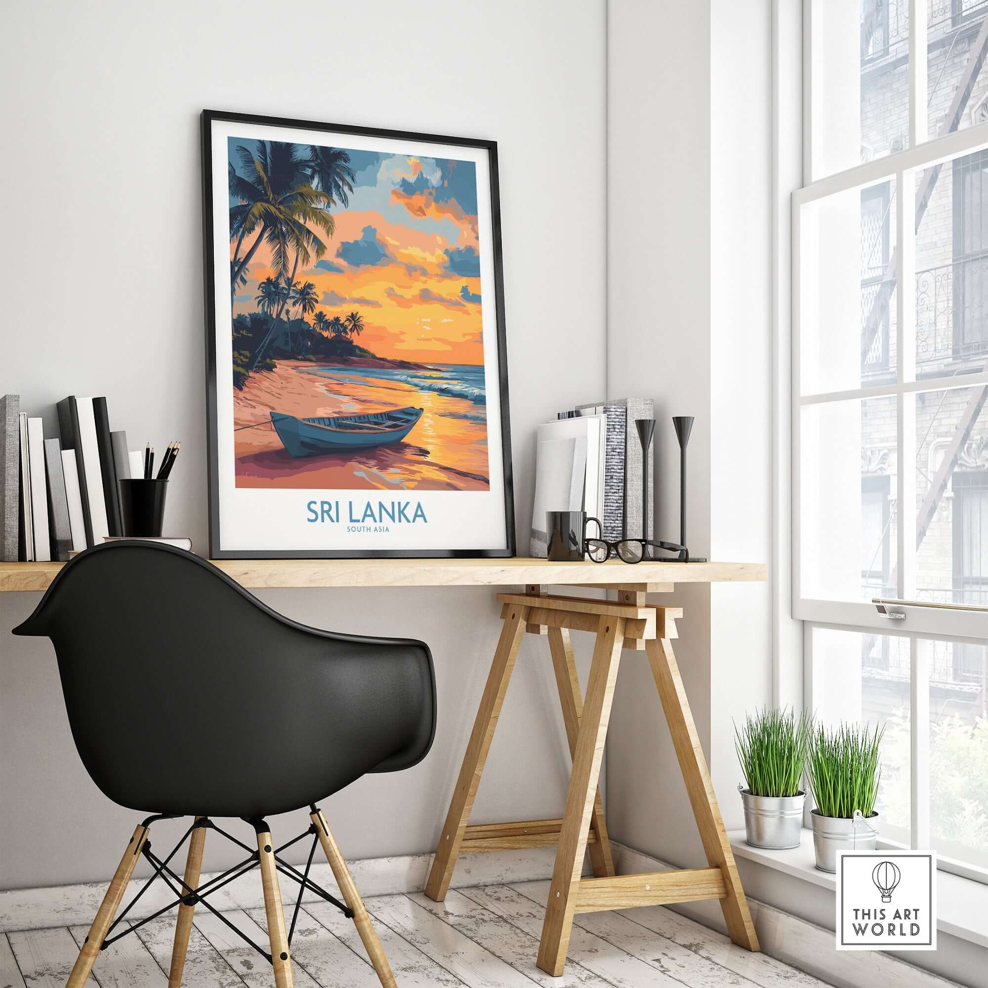 Sri Lanka Boat Print - Island Getaway Wall Art, Tropical Beach Decor featuring a scenic print in a modern workspace.