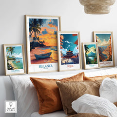 Sri Lanka Boat Print - Island Getaway Wall Art, Tropical Beach Decor displayed in a cozy living room setting.